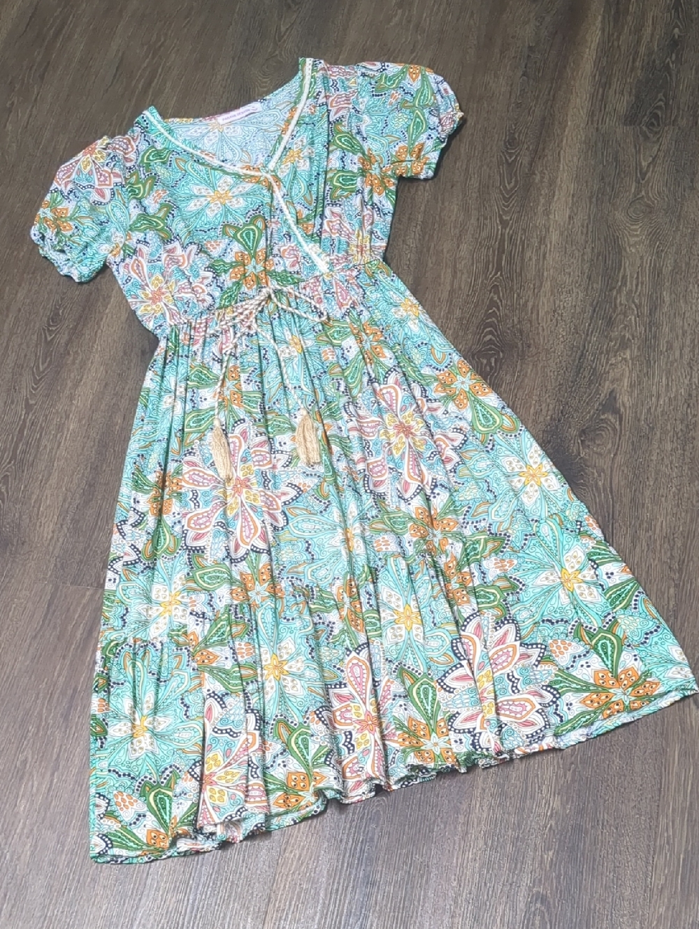 Aqua Floral Midi Dress with Tassel Tie and Puff Sleeves Size Medium